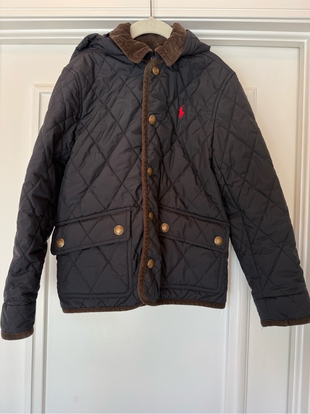 Ralph Lauren Black Quilted Hooded Barn Jacket with Brown Trim